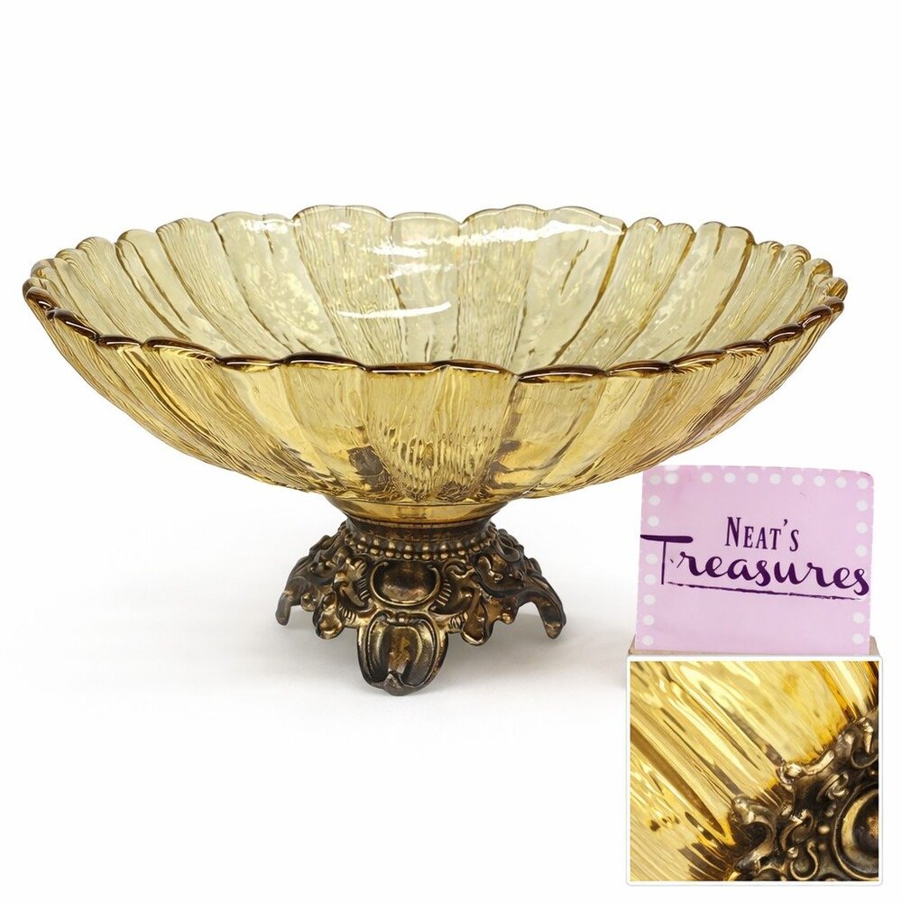 MCM Anchor Hocking COUNTRY GARDEN HONEY GOLD Pedestal Footed Scalloped Rim Bowl